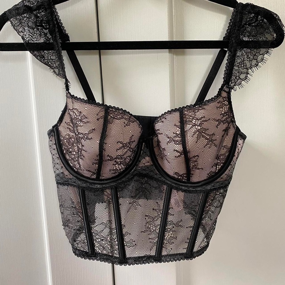Victorias Secret Dream Angels Lace Cap-Sleeve Corset Top Black Purest Pink Small - Picture 2 of 10